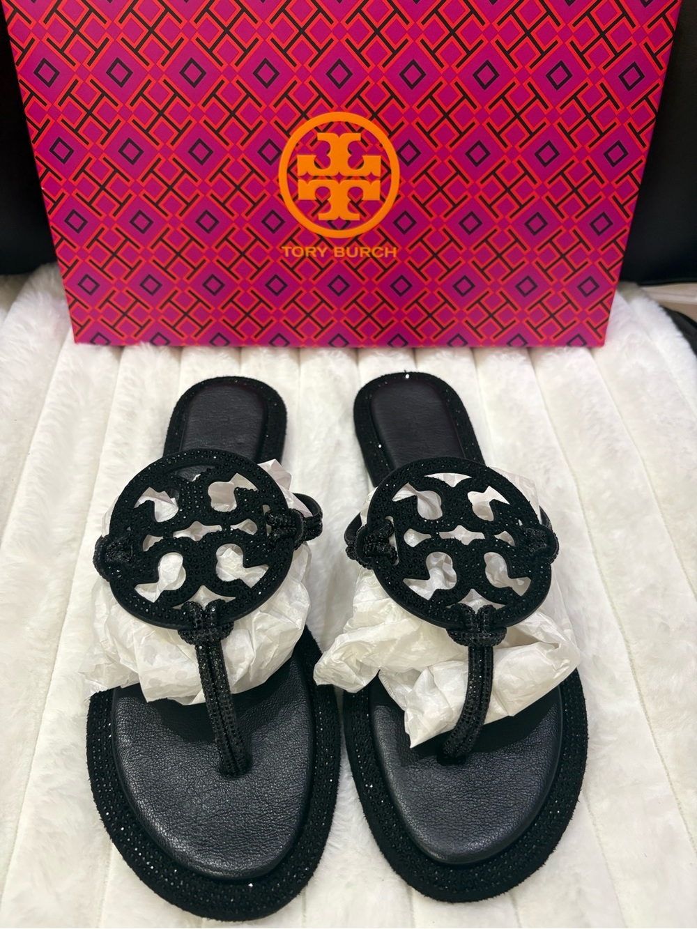 Tory Burch Black Glitter Logo Thong Sandals